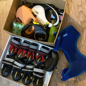 Set of leashes, doggie boots/paw protectors, and 1 harness for SM-MED size dogs